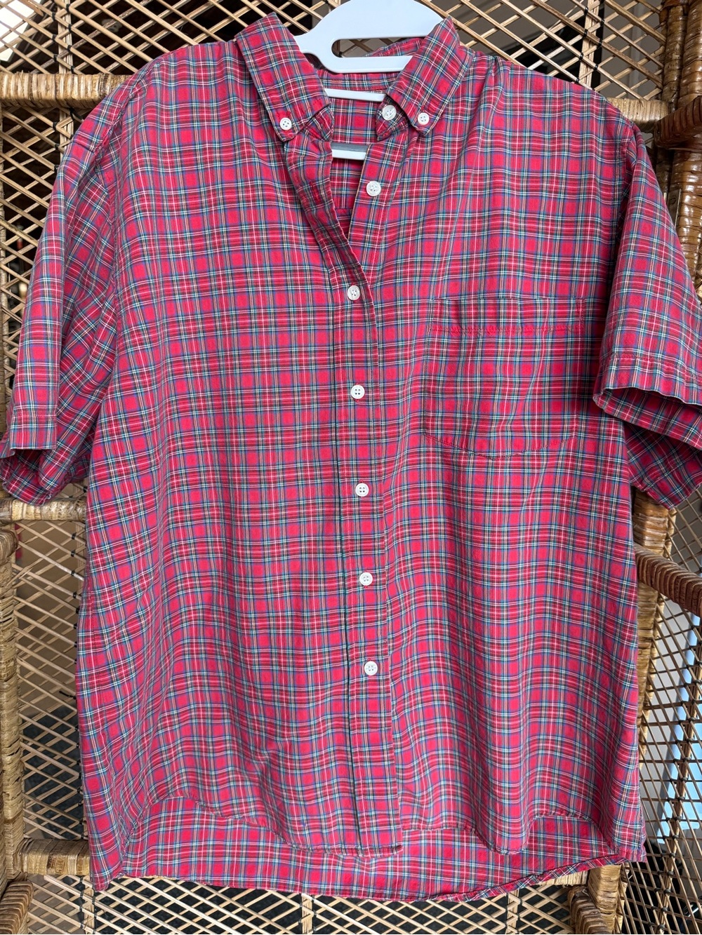 Vintage Red Tartan Plaid Button Front Shirt Lightweight Cotton Dark Academia XL
